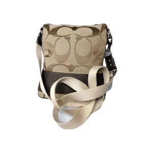 Coach Signature Swingpack Crossbody Khaki Brown Stripe Handbag Purse